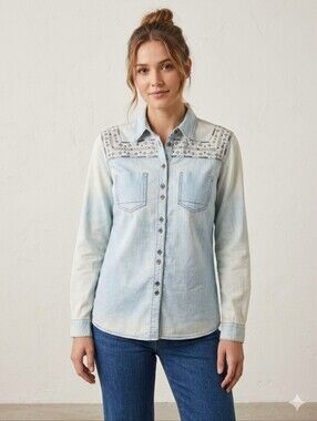 Red Ranch M Embroidered Denim Lslv Western Button Up Women Shirt Light Wash